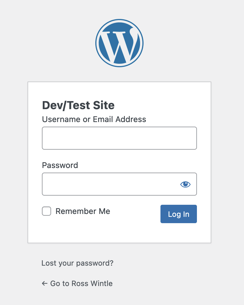 Dev site login screen