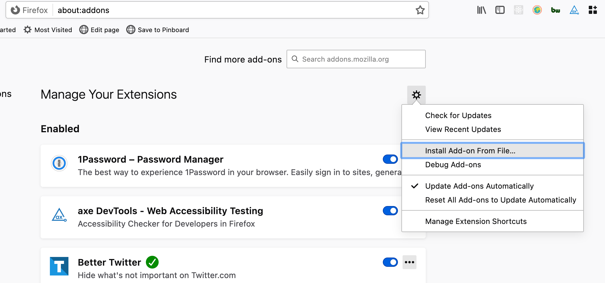 Screen grab of installation of a browser extension from a file in Firefox